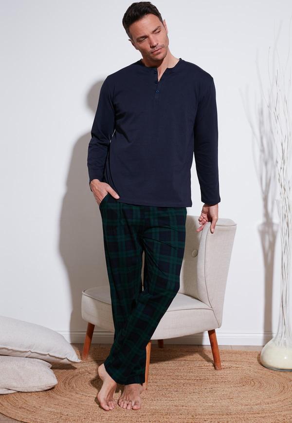 Buratti Ekoseli Pamuklu Beli Lastikli Regular Fit Uzun Kollu Erkek Pijama Takımı 6572003 LACİVERT - Image 1