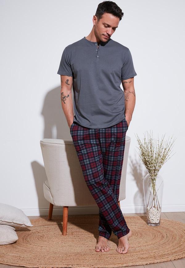 Buratti Ekoseli Pamuklu Beli Lastikli Regular Fit Kısa Kollu Erkek Pijama Takımı 6572004 FÜME - Image 1