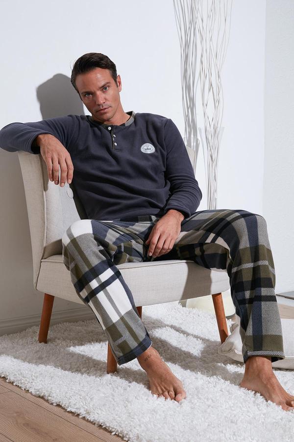 Buratti Ekoseli Regular Fit Düğmeli Bisiklet Yaka Kışlık Polar Erkek Pijama Takımı 60961008 GRİ - Image 1