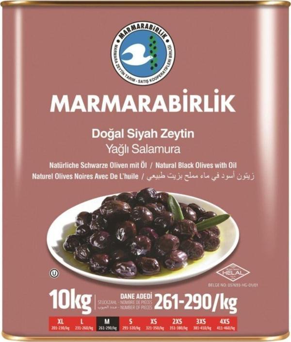MarmaraBirlik Az Tuzlu Yağlı Sele Siyah Zeytin 261  290 10 Kg Teneke - Image 1