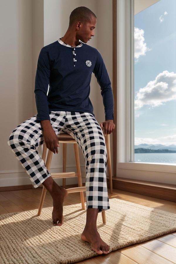 Buratti Kareli Pamuklu Regular Fit Uzun Kollu Erkek Pijama Takımı 60961003 LACİVERT - Image 1