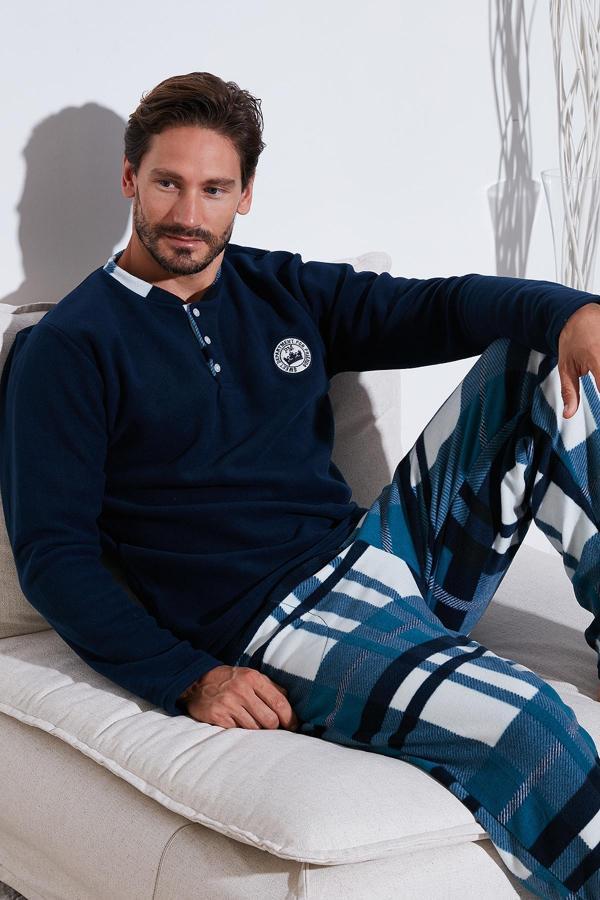 Buratti Ekoseli Regular Fit Düğmeli Bisiklet Yaka Kışlık Polar Erkek Pijama Takımı 60961008 LACİVERT - Image 1