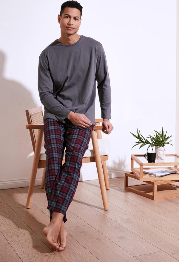 Buratti Ekoseli Pamuklu Regular Fit Uzun Kollu Erkek Pijama Takımı 6572005 FÜME - Image 1