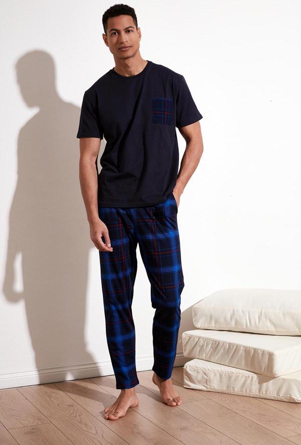 Buratti Ekoseli Pamuklu Regular Fit Kısa Kollu Erkek Pijama Takımı 6572002 LACİVERT-SAKS - Image 1