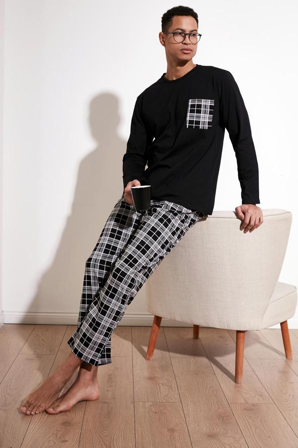 Buratti Ekoseli Cepli Beli Lastikli % 100 Pamuk Regular Fit Erkek Pijama Takımı 6572001 SİYAH-BEYAZ - Image 1