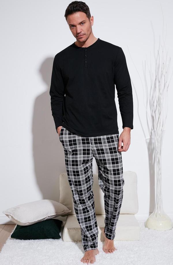 Buratti Ekoseli Pamuklu Beli Lastikli Regular Fit Uzun Kollu Erkek Pijama Takımı 6572003 SİYAH - Image 1