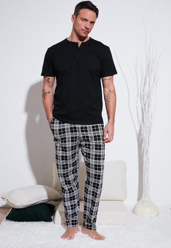 Buratti Ekoseli Pamuklu Beli Lastikli Regular Fit Kısa Kollu Erkek Pijama Takımı 6572004 SİYAH - Image 1