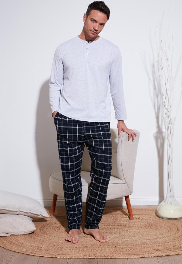 Buratti Ekoseli Pamuklu Beli Lastikli Regular Fit Uzun Kollu Erkek Pijama Takımı 6572003 GRİ MELANJ - Image 1
