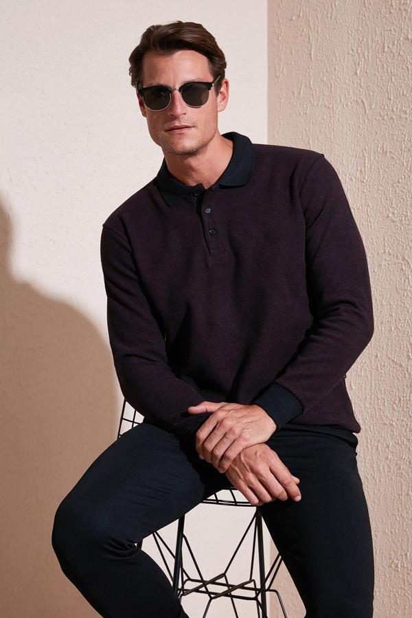 Buratti Pamuklu Regular Fit Düğmeli Polo Yaka Erkek Kazak 456211 BORDO - Image 1