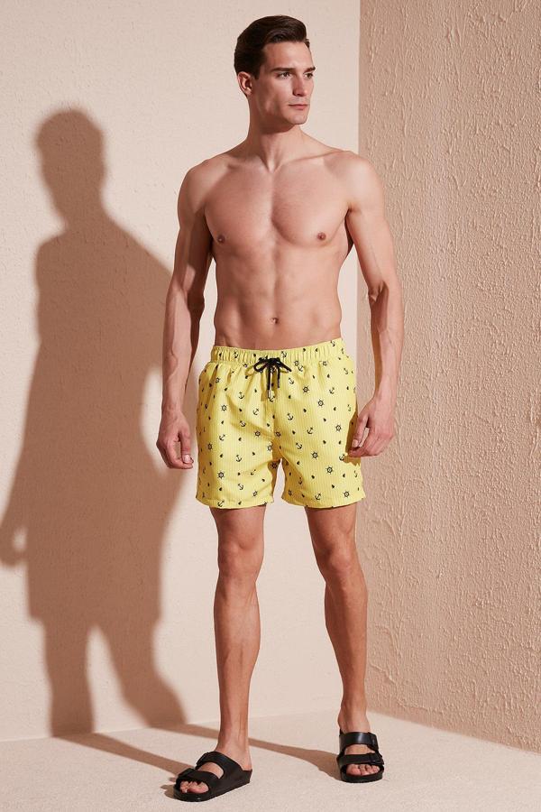 Buratti Desenli Deniz Şortu Belden Bağlamalı Cepli Erkek Mayo Short 380M427 SARI - Image 1