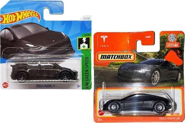 Tesla 2 Araç Set - Hot Wheels Tesla Model Y (Siyah) & Matchbox Tesla Roadster (Mat Siyah) (1:64) - Image 1