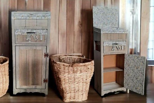 Home Ahşap Ekmek Sepetli Çekmeceli Hasır Görünümlü Kiler Dolabı - Image 1