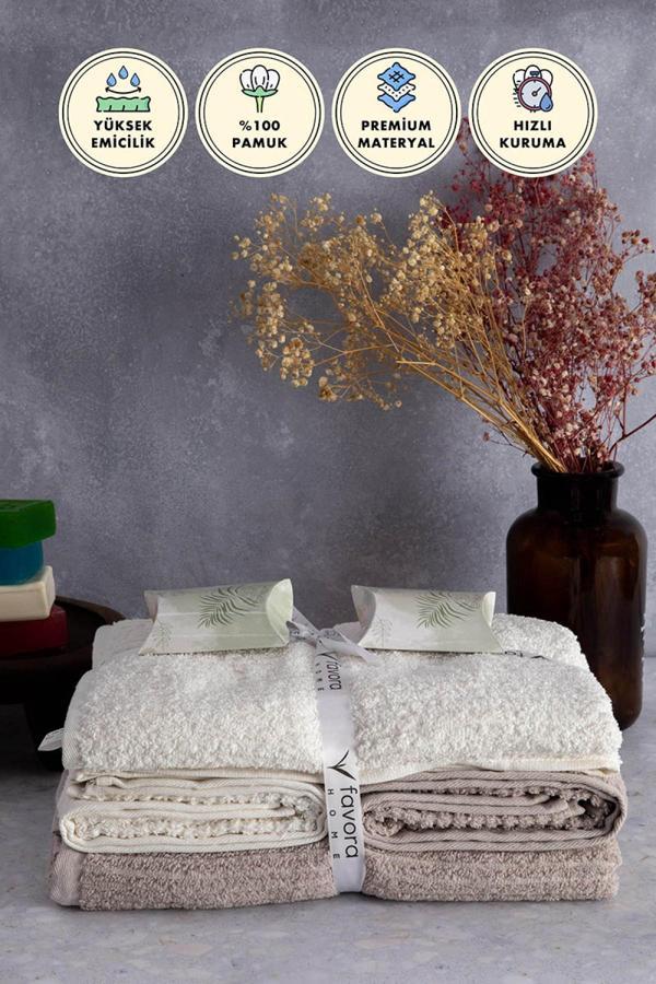Line %100 Pamuk Luxury 6 Parça Havlu Hamam Seti - Bej Krem - Image 1