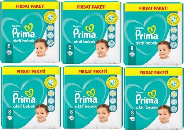 Prima Aktif Bebek 8 Beden Fırsat Paket 31X6 Paket 186 Adet 17+Kg Bebek Bezi - Image 1