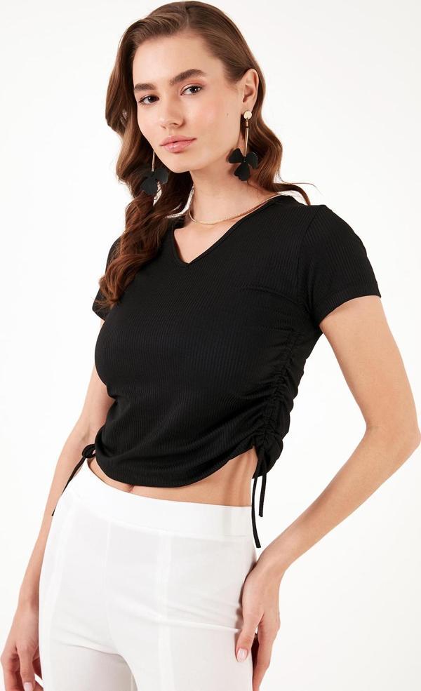 Lela Slim Fit V Yaka Yanları Büzülebilir Bayan Bluz 5864011 SİYAH - Image 1