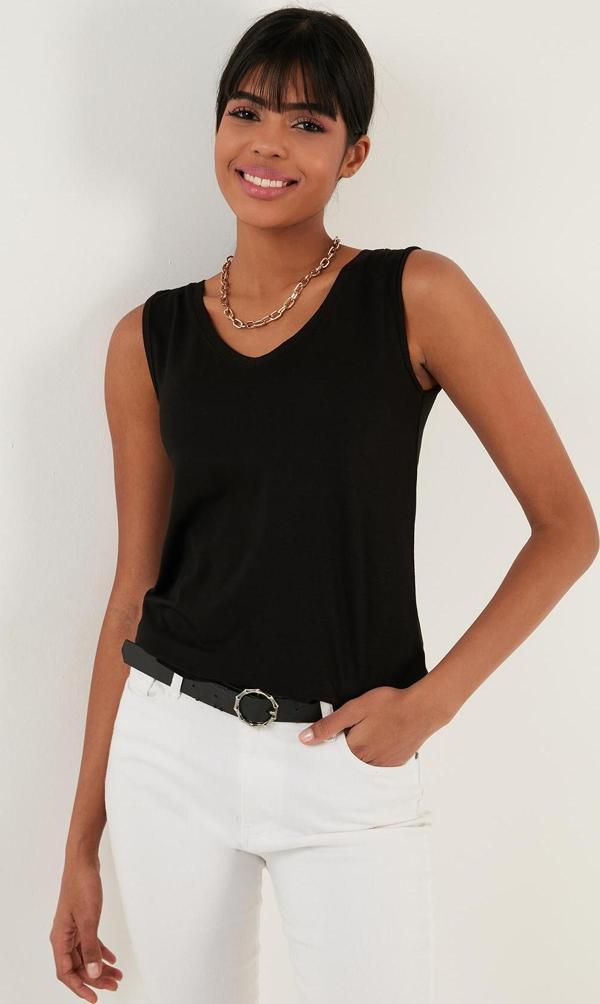 Lela Kalın Askılı V Yaka Bayan Bluz 5864384 SİYAH - Image 1