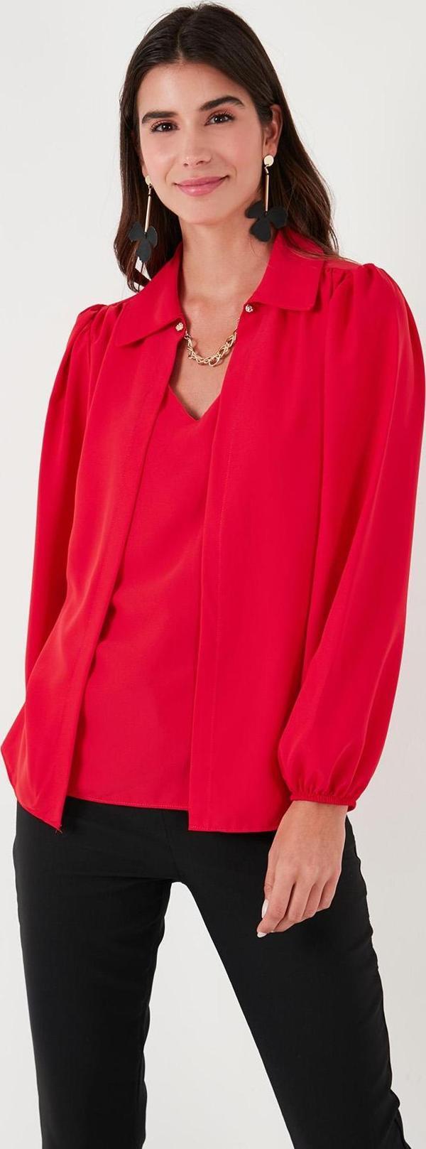 Lela Regular Fit V Yaka Balon Kol Bayan Bluz 611BZ0353 KIRMIZI - Image 1