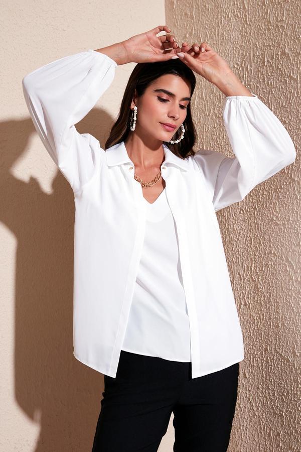Lela Regular Fit V Yaka Balon Kol Bayan Bluz 611BZ0353 EKRU - Image 1