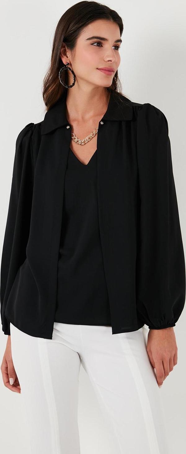 Lela Regular Fit V Yaka Balon Kol Bayan Bluz 611BZ0353 SİYAH - Image 1
