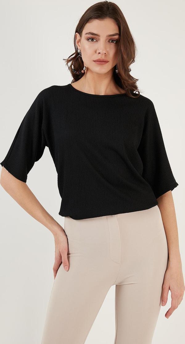 Lela Bürümcük Rahat Kesim Bisiklet Yaka Bayan Bluz 5864975 SİYAH - Image 1