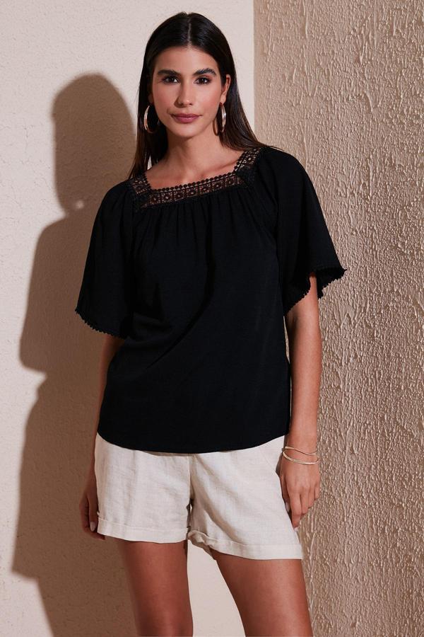 Lela Güpürlü Regular Fit Kare Yaka Bayan Bluz 5865652 SİYAH - Image 1