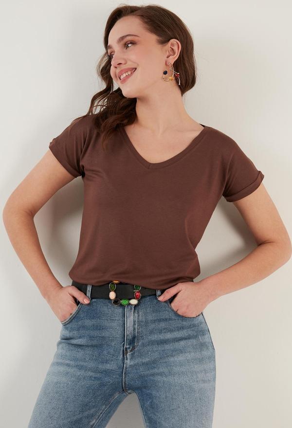 Lela V Yaka Rahat Kesim Bayan Bluz 5862000 KAHVE - Image 1