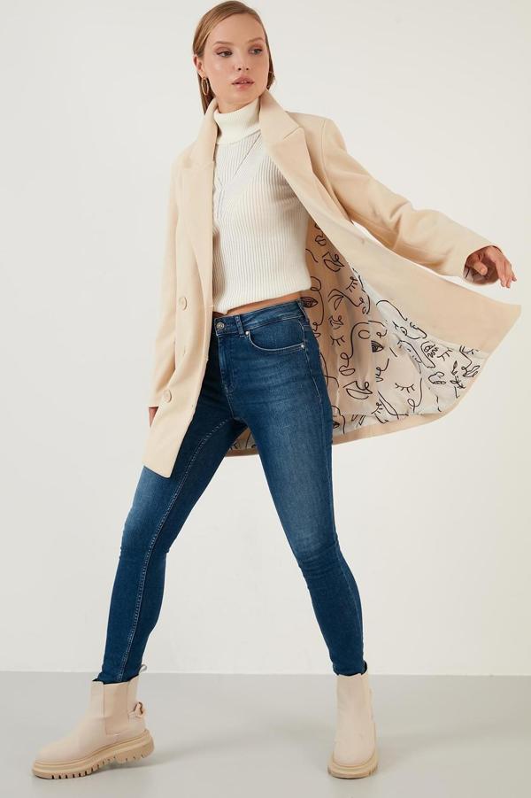 Lela Oversize Çift Düğmeli Cepli Uzun Bayan Kaban 6230058 TAŞ - Image 1