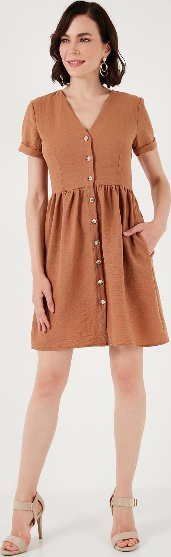Lela Cepli Önü Düğmeli Kısa Kollu V Yaka Regular Fit Bayan Elbise 611EL222 KAHVE - Image 1