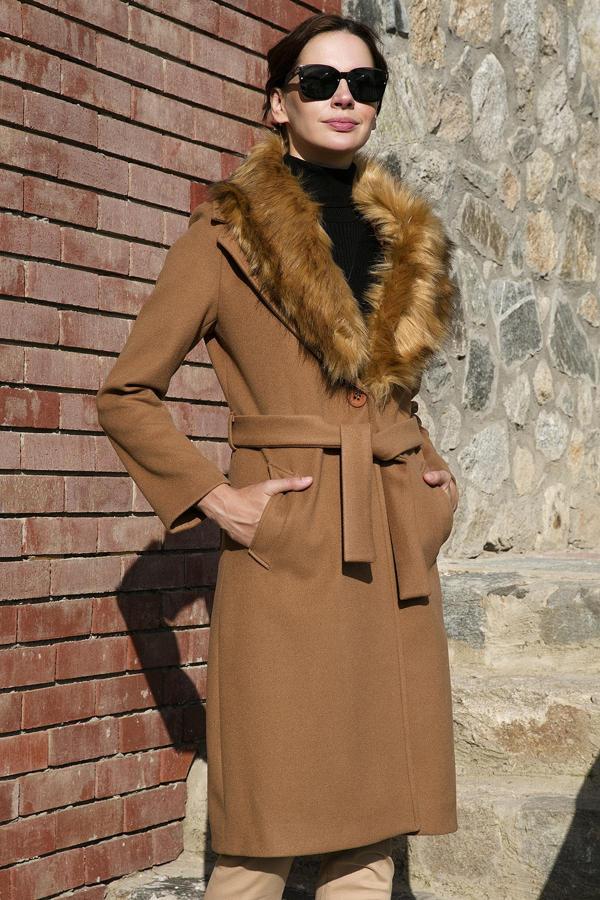 Lela Regular Fit Çıkarılabilir Suni Kürklü Kemerli Kaşe Bayan Kaban 6403139 CAMEL - Image 1