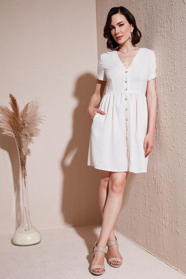 Lela Cepli Önü Düğmeli Kısa Kollu V Yaka Regular Fit Bayan Elbise 611EL222 TAŞ - Image 1