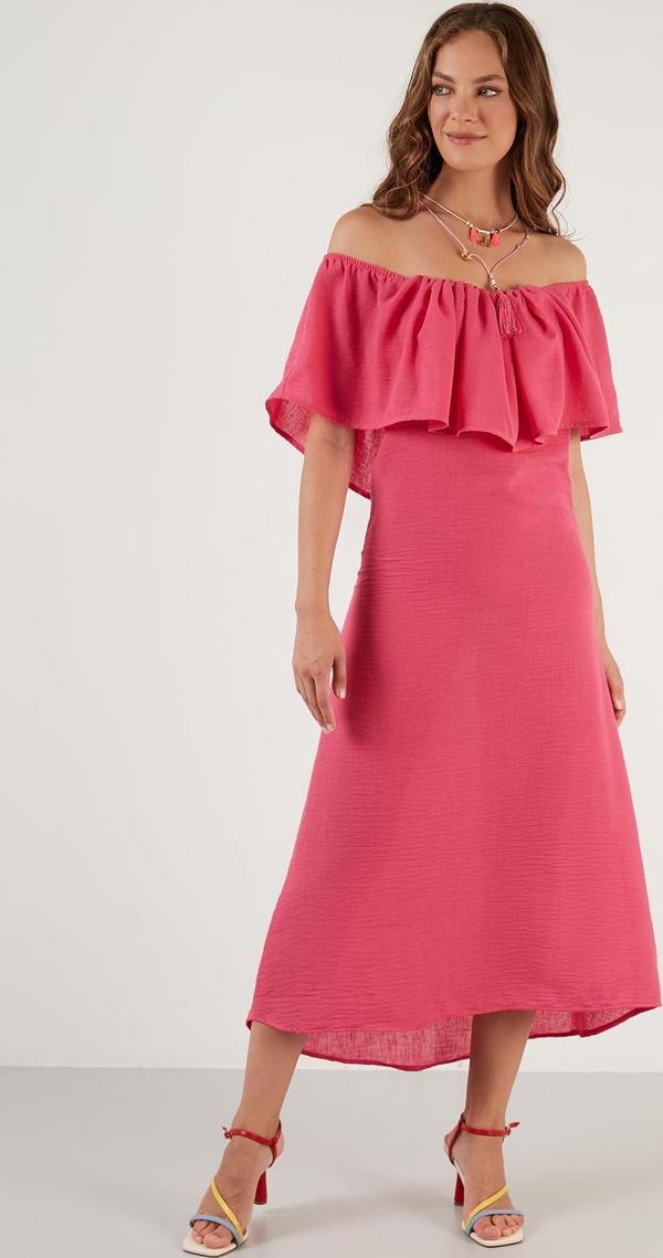 Lela Carmen Yaka Dar Kesim Volanlı Uzun Bayan Elbise 42190376 FUŞYA - Image 1