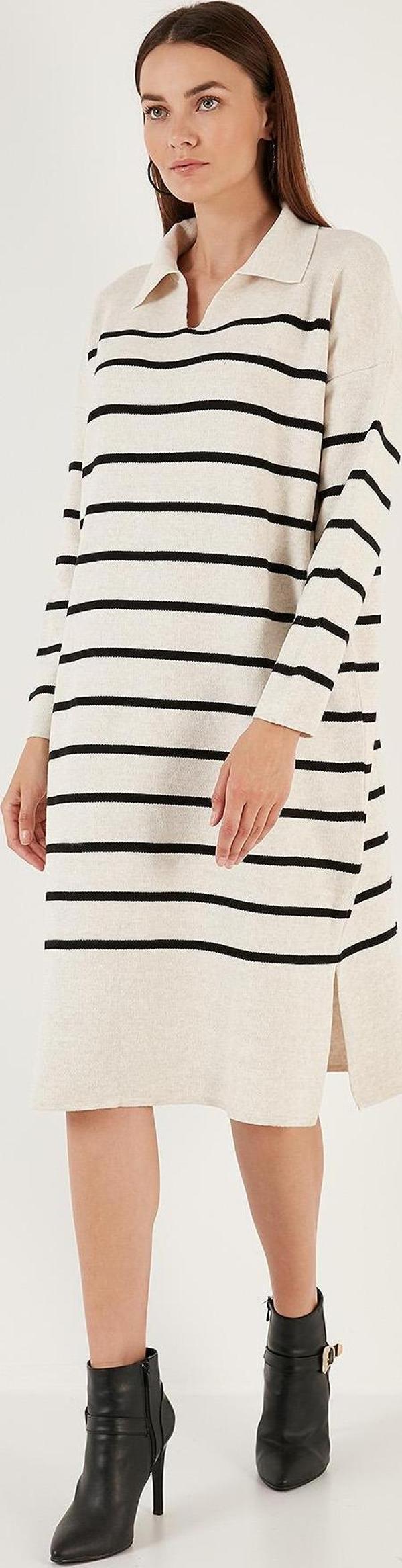 Lela Akrilik Polo Yaka Bayan Elbise 4615172 Açık Taş-Siyah - Image 1