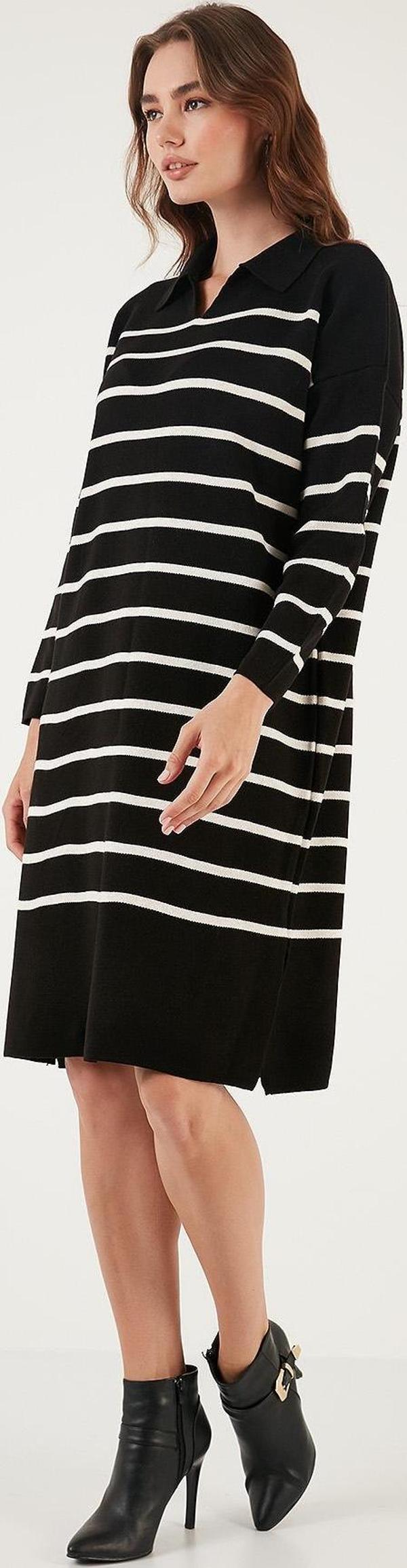 Lela Akrilik Polo Yaka Bayan Elbise 4615172 Siyah-Açık Taş - Image 1