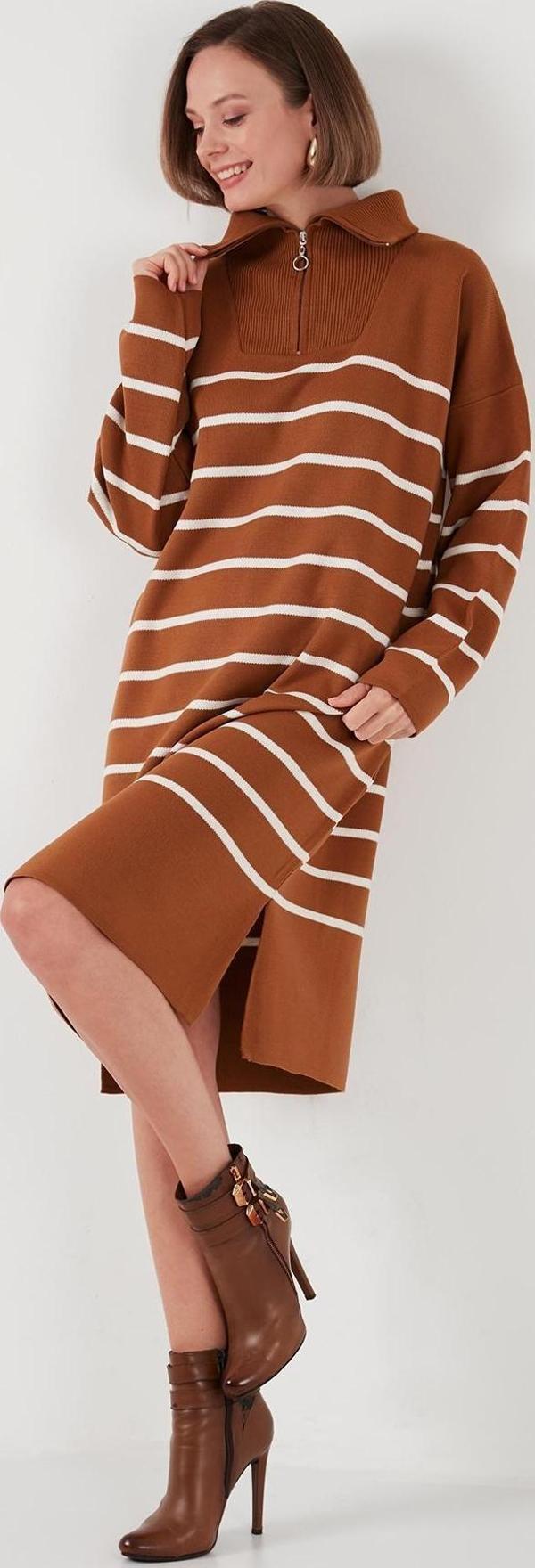 Lela Çizgili Yarım Fermuarlı Yırtmaçlı Triko Bayan Elbise 4615183 Toprak-Açık Taş - Image 1