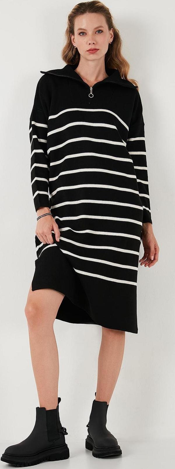 Lela Çizgili Yarım Fermuarlı Yırtmaçlı Triko Bayan Elbise 4615183 Siyah-Açık Taş - Image 1