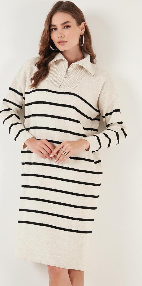 Lela Çizgili Yarım Fermuarlı Yırtmaçlı Triko Bayan Elbise 4615183 Açık Taş-Siyah - Image 1