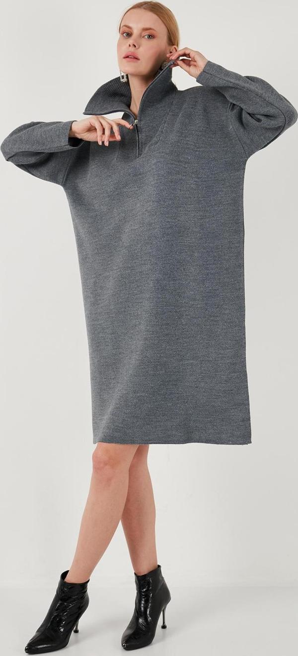 Lela Yarım Fermuarlı Yırtmaçlı Triko Bayan Elbise 4615213 KOYU GRİ - Image 1