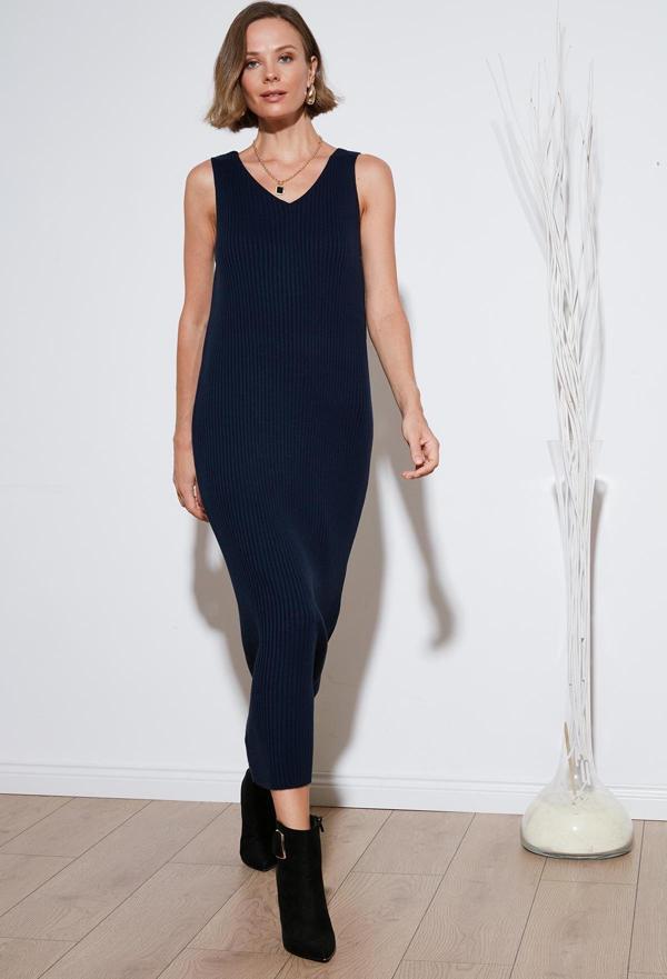 Lela V Yaka Fitilli Uzun Triko Bayan Elbise 4616169 LACİVERT - Image 1