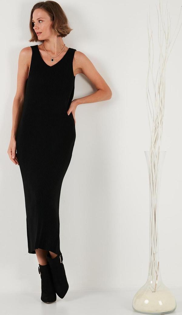 Lela V Yaka Fitilli Uzun Triko Bayan Elbise 4616169 SİYAH - Image 1