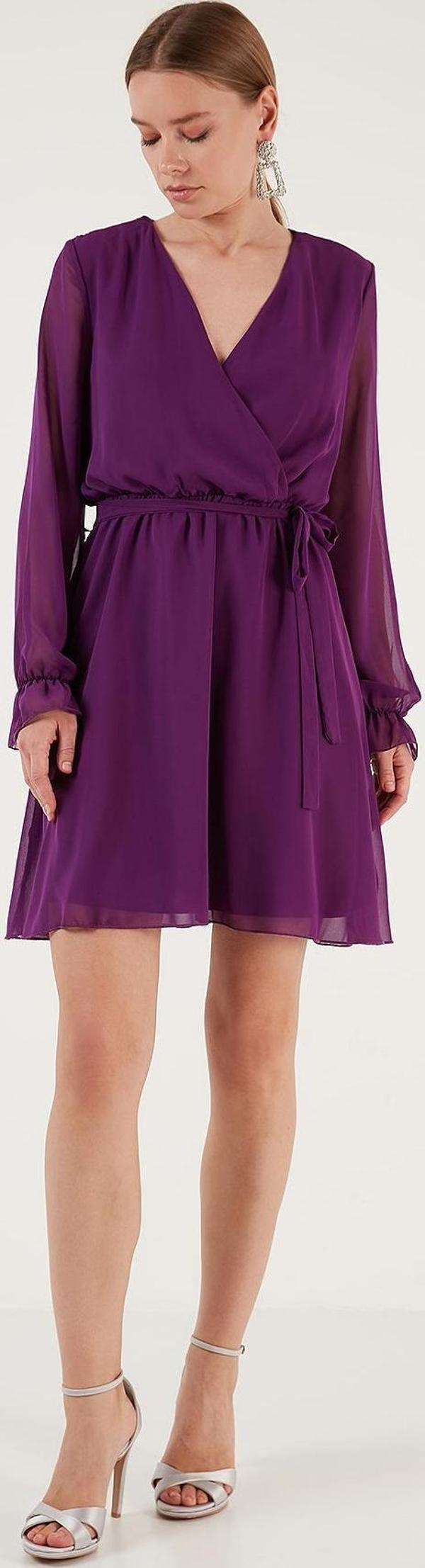 Lela Kruvaze Yaka Bağlama Detaylı Şifon Mini Bayan Elbise 6051467 AÇIK MOR - Image 1