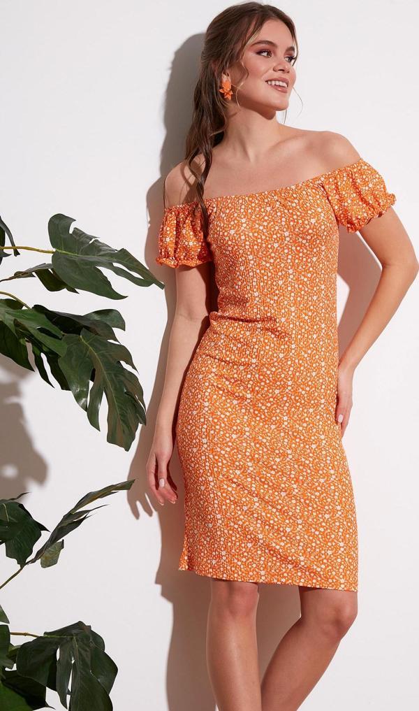 Lela Çiçek Desenli Carmen Yaka Bayan Elbise 5863700 ORANJ - Image 1