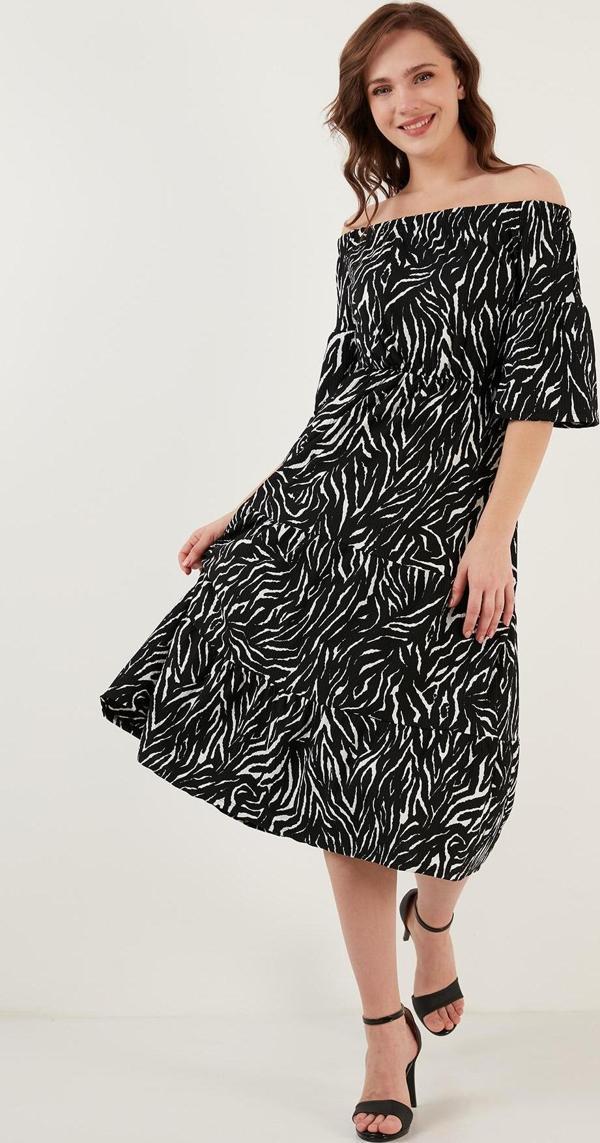 Lela Desenli Carmen Yaka Truvakar Kol Midi Bayan Elbise 5863718 SİYAH-ZEBRA - Image 1
