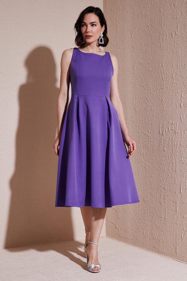 Lela Bisiklet Yaka Regular Fit Cepli Pileli Midi Bayan Elbise 6051963 EFLATUN - Image 1
