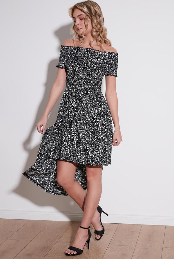 Lela Çiçekli Önü Kısa Arkası Uzun Carmen Yaka Bayan Elbise 5864026 SİYAH - Image 1