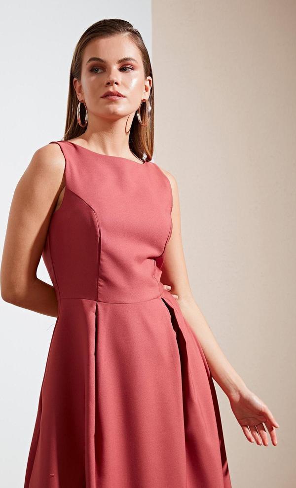 Lela Bisiklet Yaka Regular Fit Cepli Pileli Midi Bayan Elbise 6051963 GÜL KURUSU - Image 1