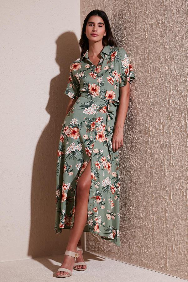 Lela Desenli Yırtmaçlı Gömlek Yaka Maxi Bayan Elbise 611EL502 Olive - Image 1