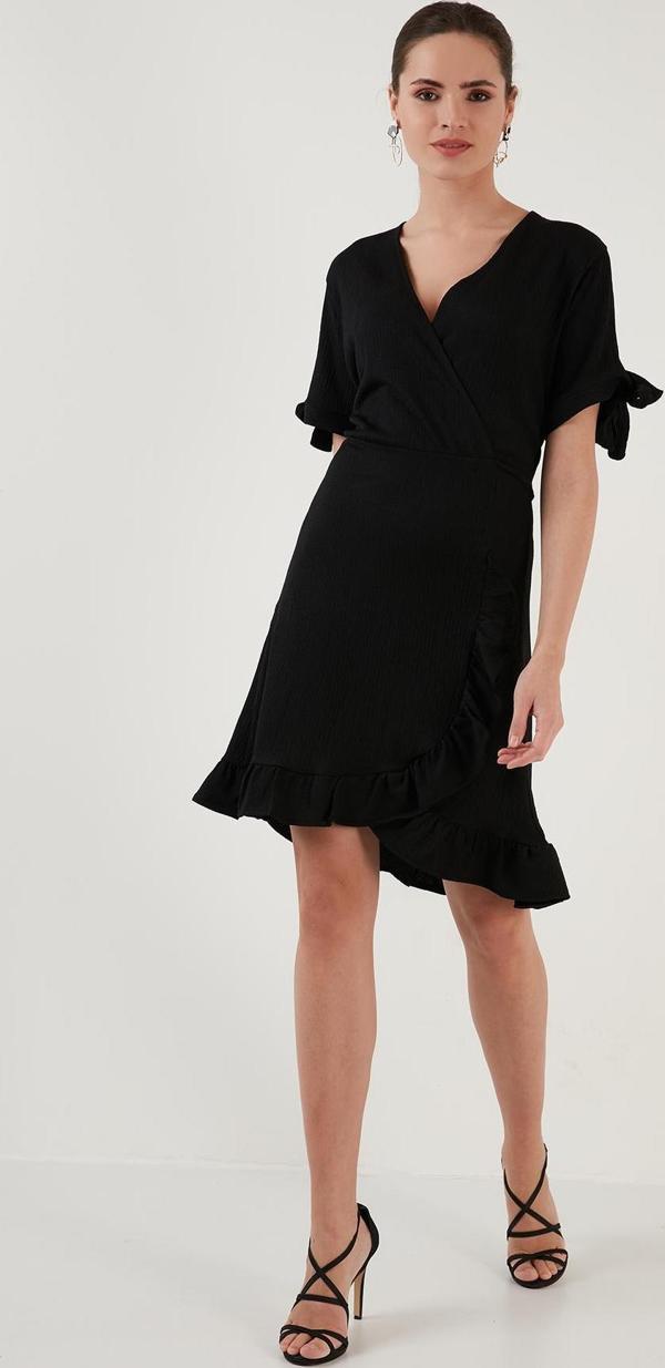 Lela Fırfırlı Kruvaze Yaka Kısa Kollu Krinkıl Esnek Bayan Elbise 5865016 SİYAH - Image 1