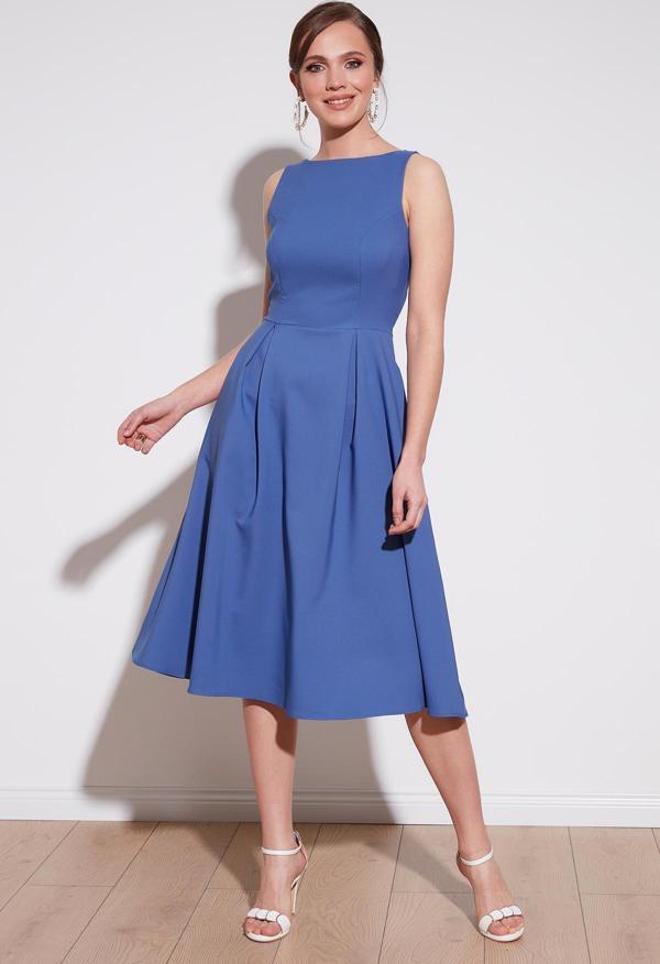 Lela Bisiklet Yaka Regular Fit Cepli Pileli Midi Bayan Elbise 6051963 İNDİGO - Image 1