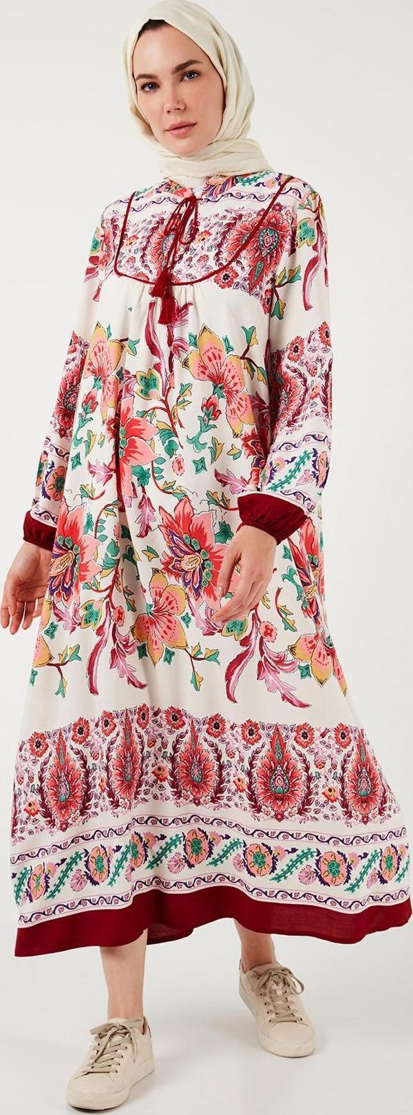 Lela Modest Desenli Regular Fit Bağlamalı V Yaka Maxi Bayan Elbise 611EL510 BORDO - Image 1