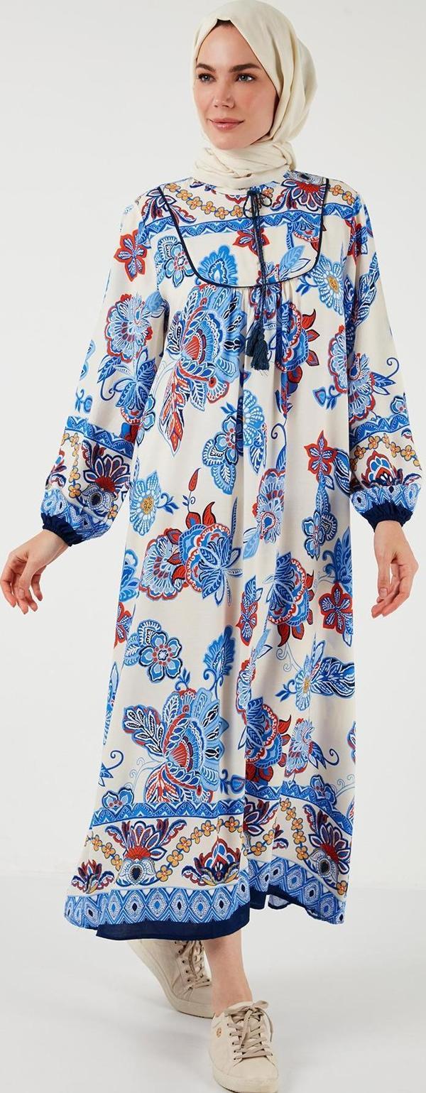 Lela Modest Desenli Regular Fit Bağlamalı V Yaka Maxi Bayan Elbise 611EL510 LACİVERT - Image 1